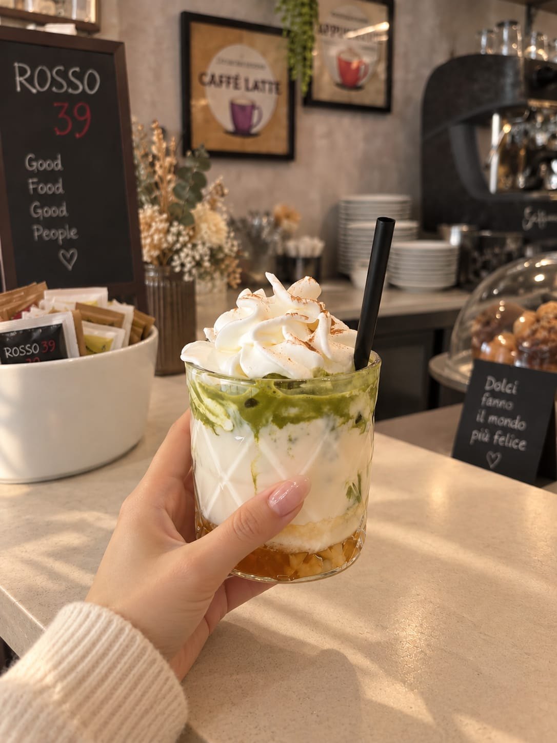 Bicchiere con matcha, crema e panna montata