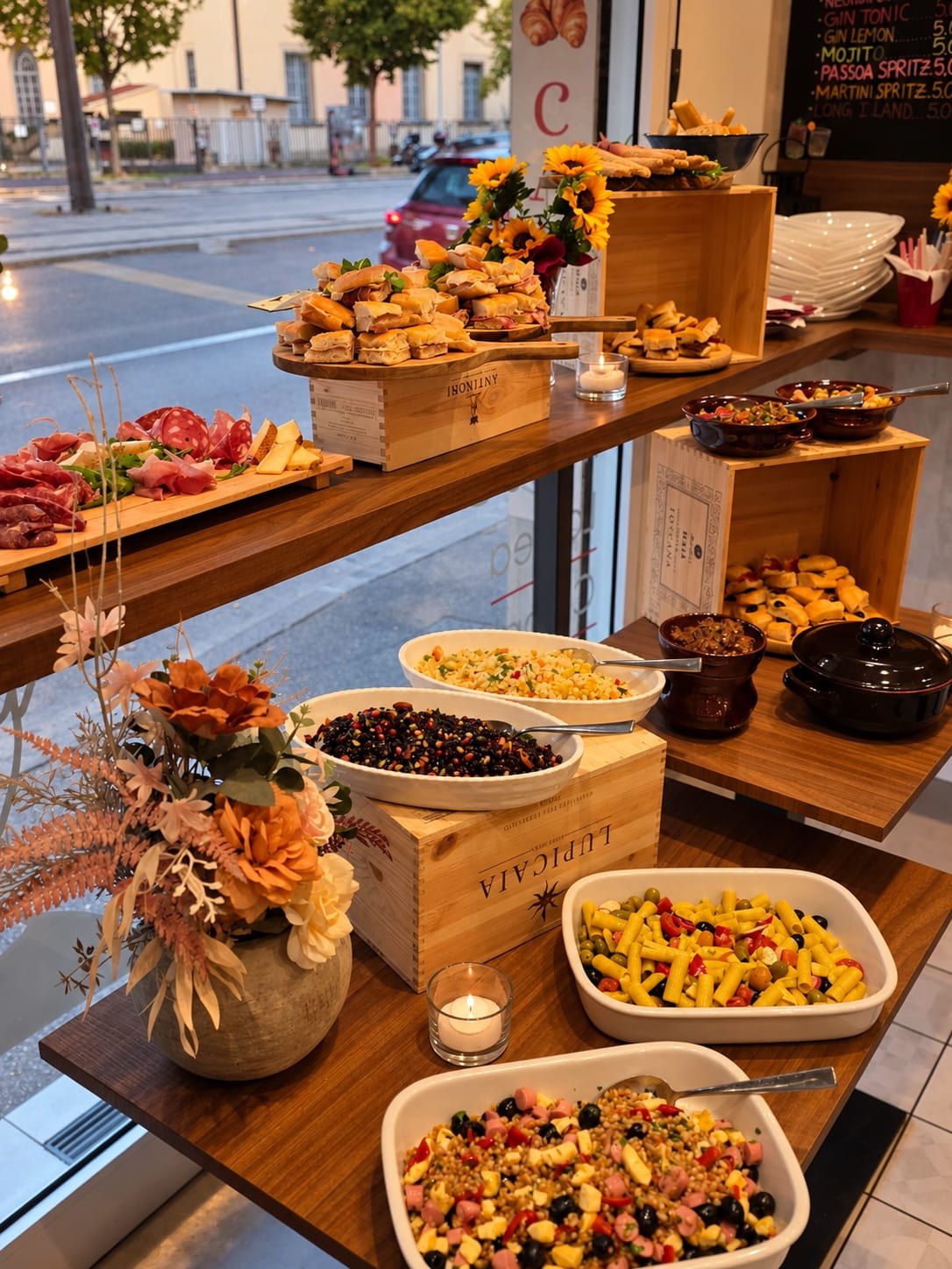 Buffet dell’apericena con salumi, insalate di pasta e panini